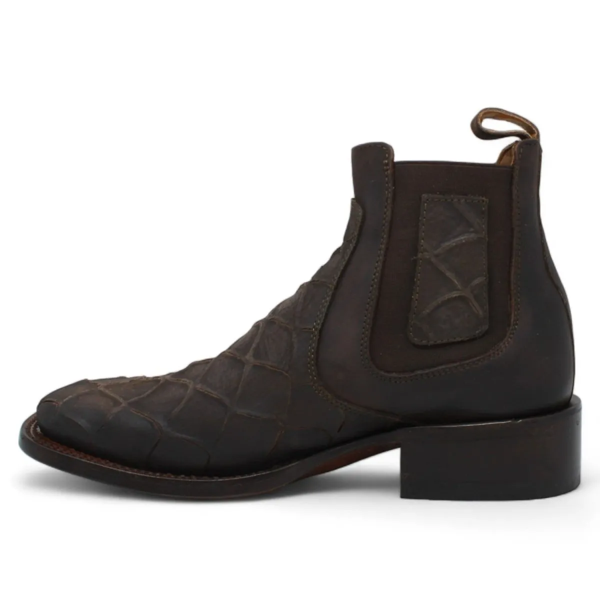 FISH PRINT LEATHER SQUARE TOE ANKLE BOOTS  CHOCOLATE
