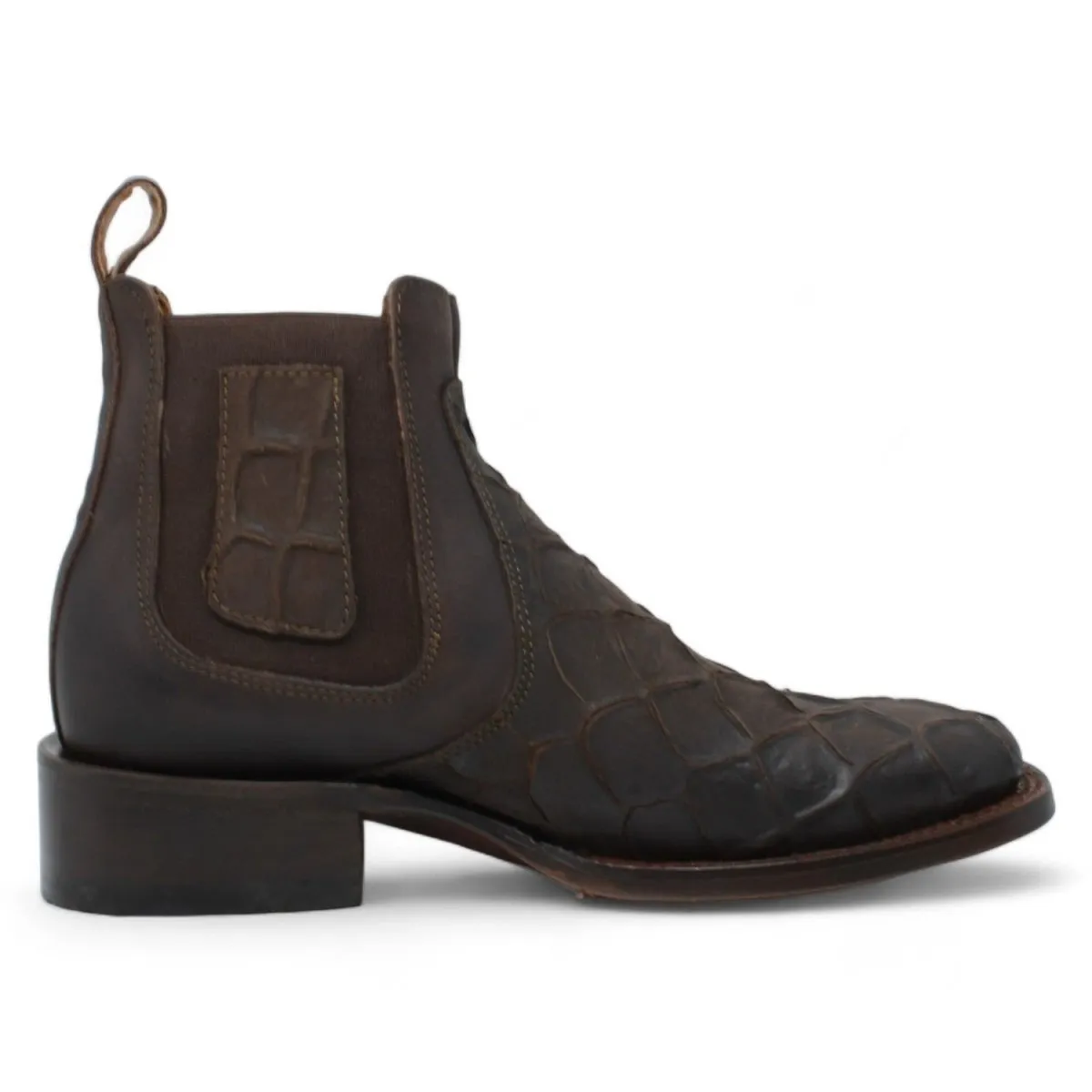FISH PRINT LEATHER SQUARE TOE ANKLE BOOTS  CHOCOLATE