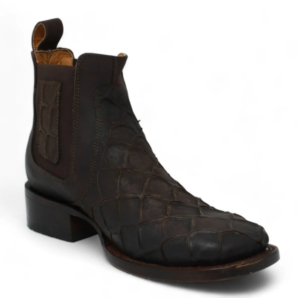 FISH PRINT LEATHER SQUARE TOE ANKLE BOOTS  CHOCOLATE