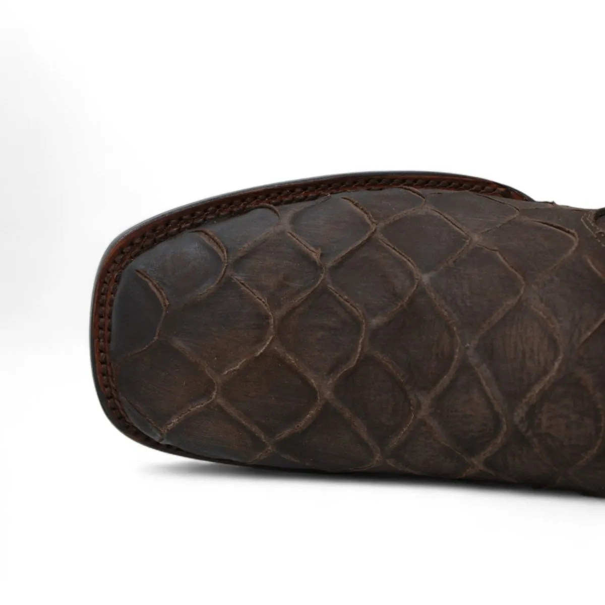 FISH PRINT LEATHER SQUARE TOE ANKLE BOOTS  CHOCOLATE