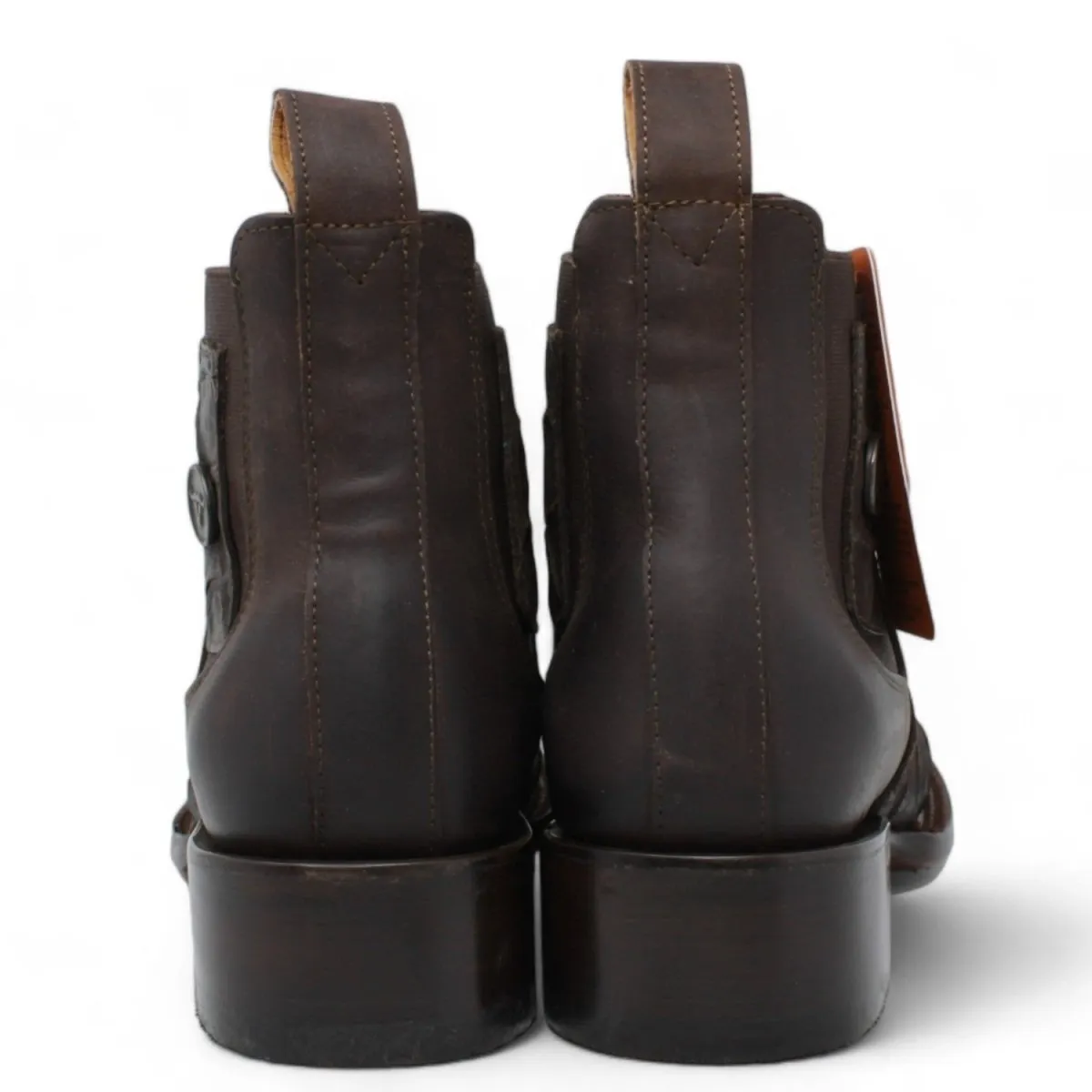 FISH PRINT LEATHER SQUARE TOE ANKLE BOOTS  CHOCOLATE