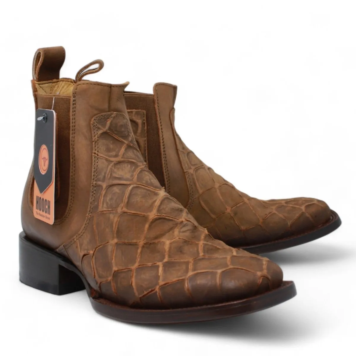 FISH PRINT LEATHER SQUARE TOE ANKLE BOOTS  CINNAMON