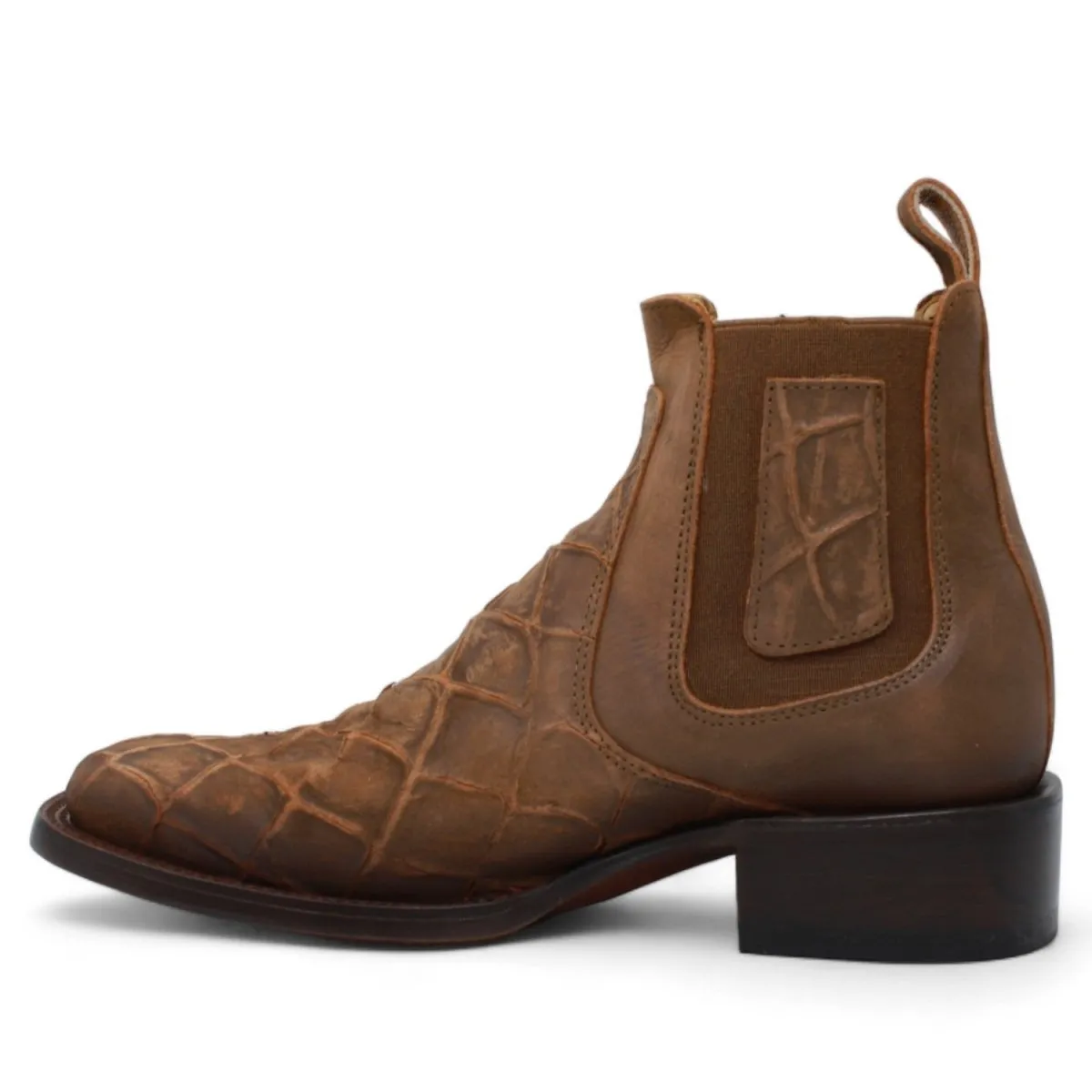FISH PRINT LEATHER SQUARE TOE ANKLE BOOTS  CINNAMON