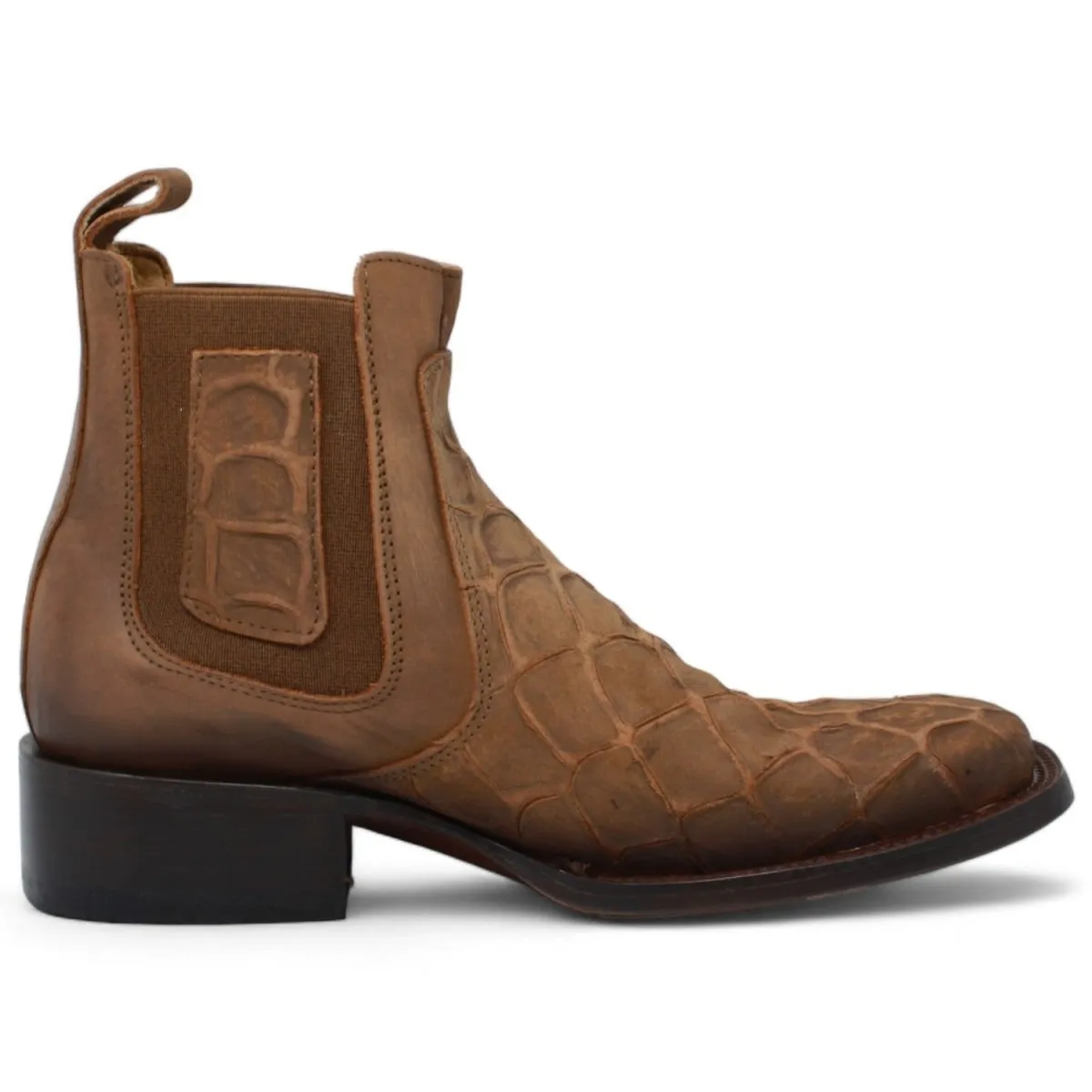 FISH PRINT LEATHER SQUARE TOE ANKLE BOOTS  CINNAMON