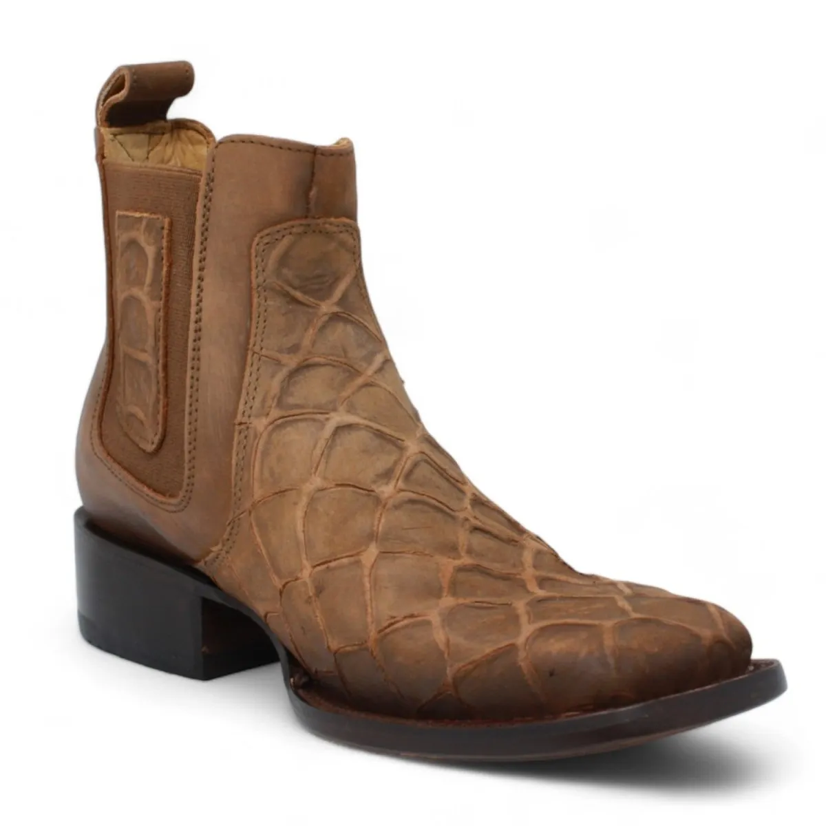 FISH PRINT LEATHER SQUARE TOE ANKLE BOOTS  CINNAMON
