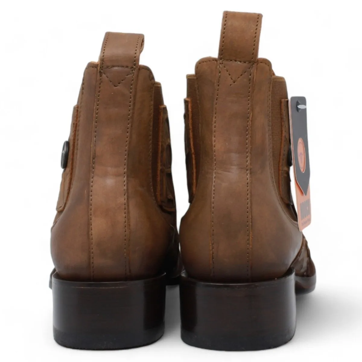 FISH PRINT LEATHER SQUARE TOE ANKLE BOOTS  CINNAMON