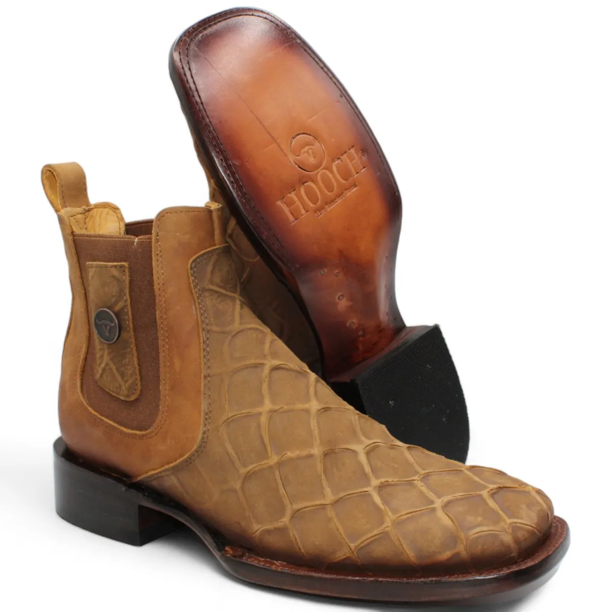 FISH PRINT LEATHER SQUARE TOE ANKLE BOOTS  HONEY