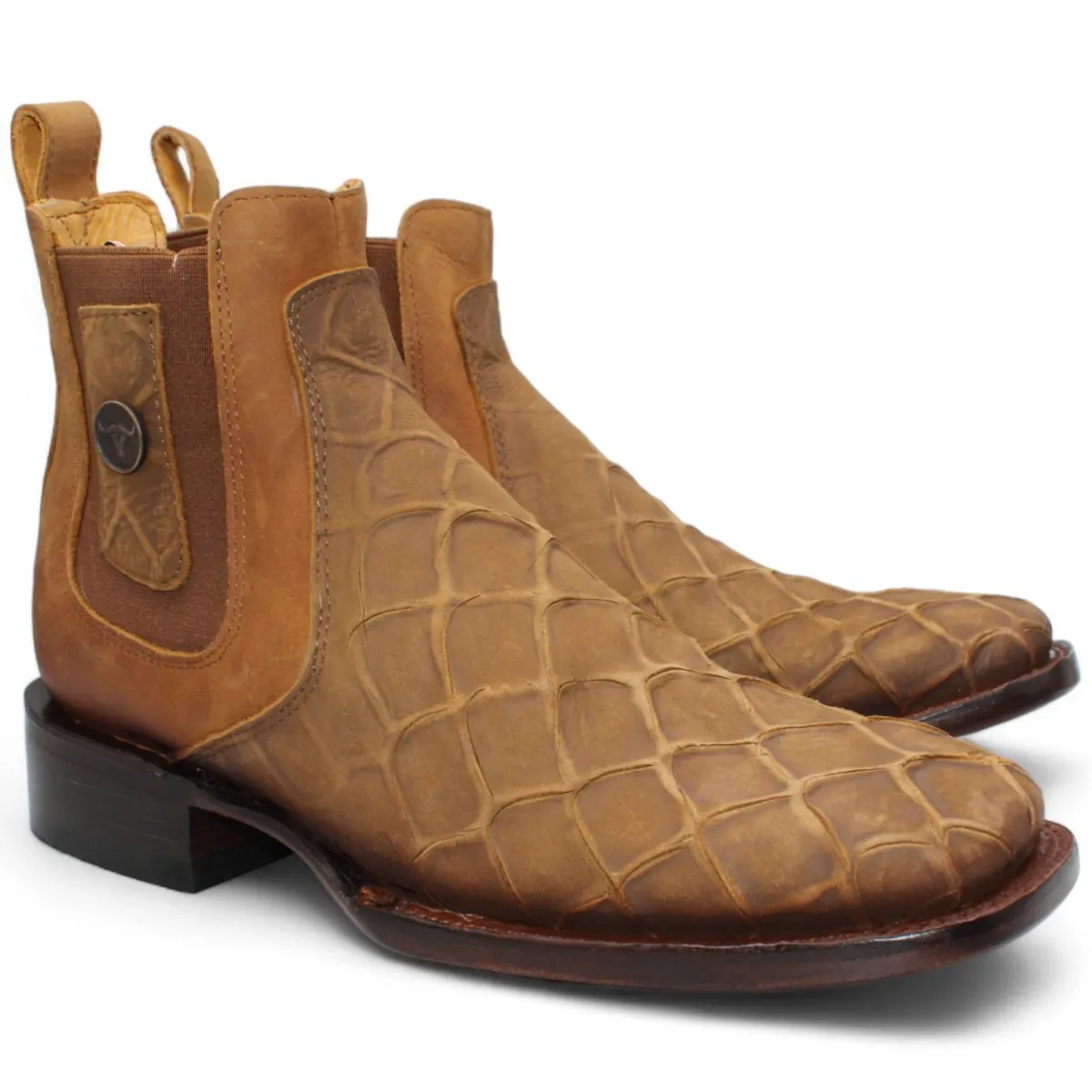 FISH PRINT LEATHER SQUARE TOE ANKLE BOOTS  HONEY