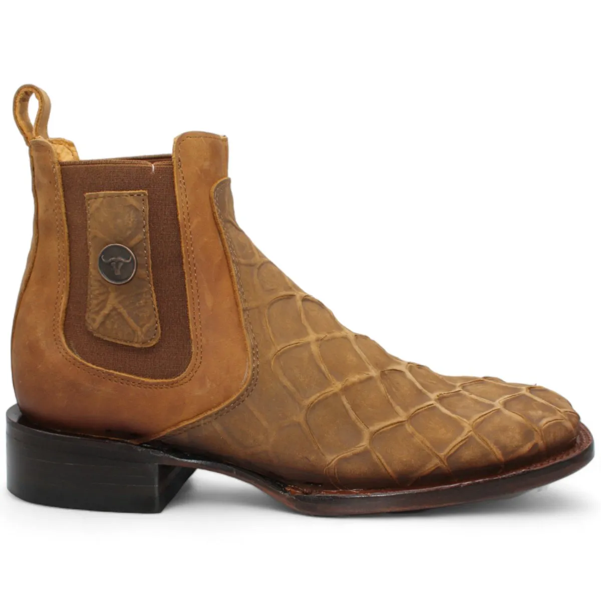 FISH PRINT LEATHER SQUARE TOE ANKLE BOOTS  HONEY