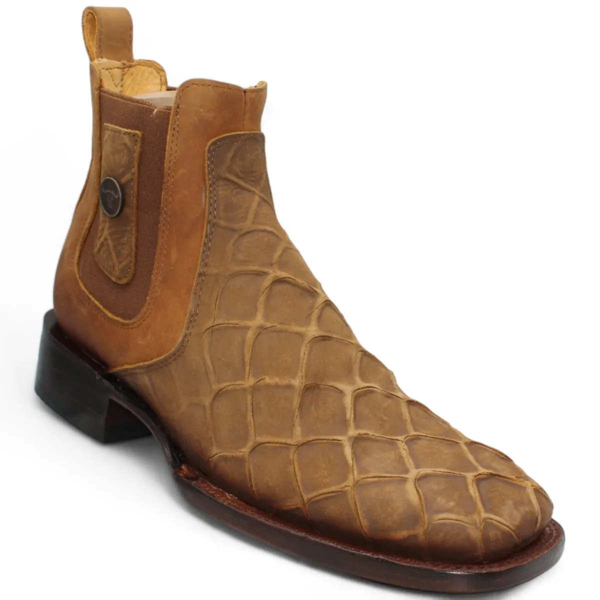 FISH PRINT LEATHER SQUARE TOE ANKLE BOOTS  HONEY