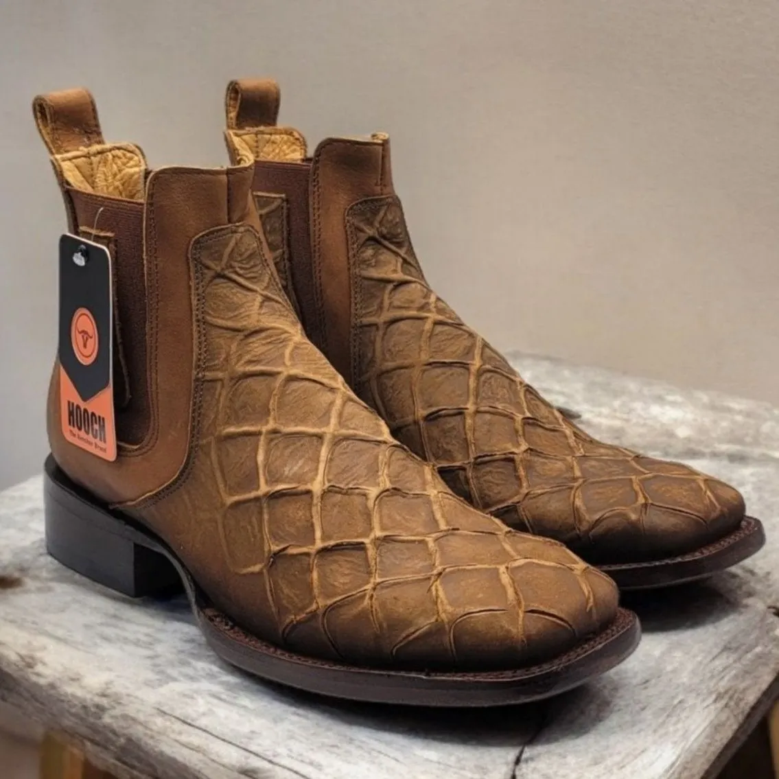 FISH PRINT LEATHER SQUARE TOE ANKLE BOOTS  HONEY
