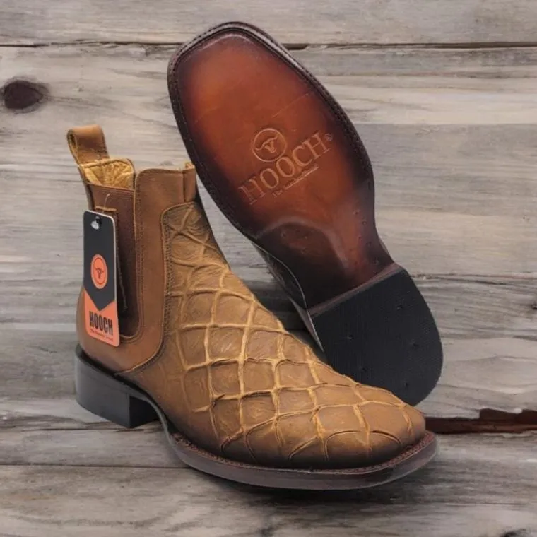 FISH PRINT LEATHER SQUARE TOE ANKLE BOOTS  HONEY