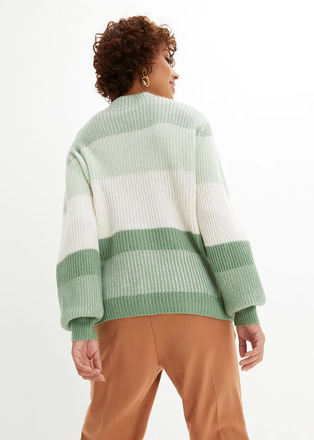 JERSEY DE LANA CON CONTENIDO GOOD CASHMERE STANDARD® VERDE PINOBEIGE NATURAL DE RAYAS