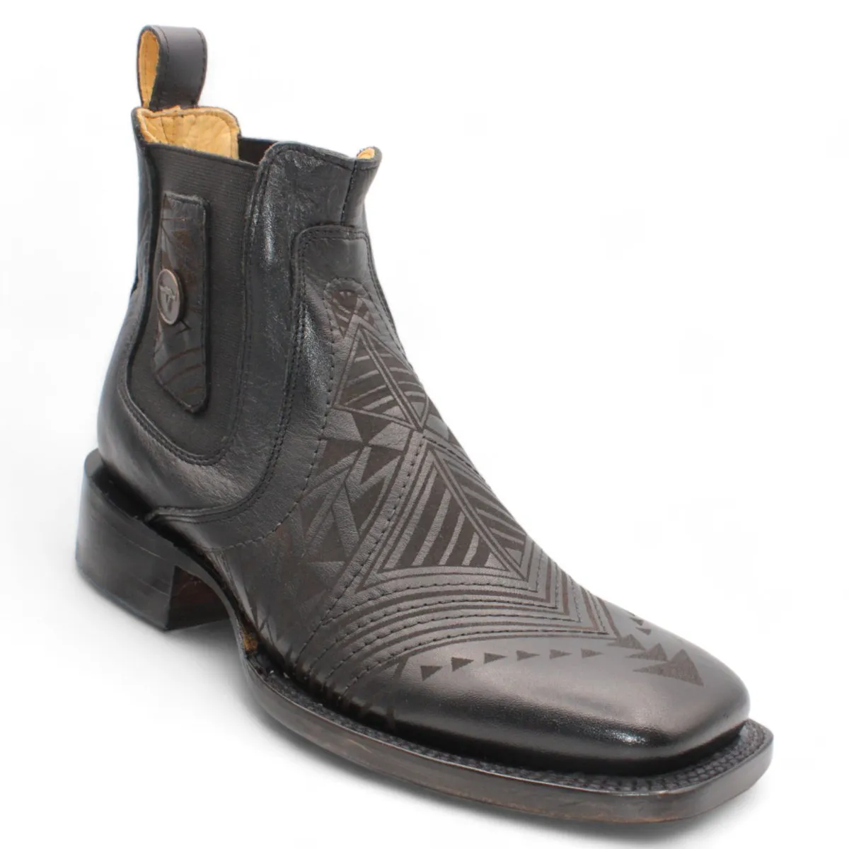 MEN'S LANGER ENGRAVING SQUARE TOE ANKLE BOOTS  BLACK