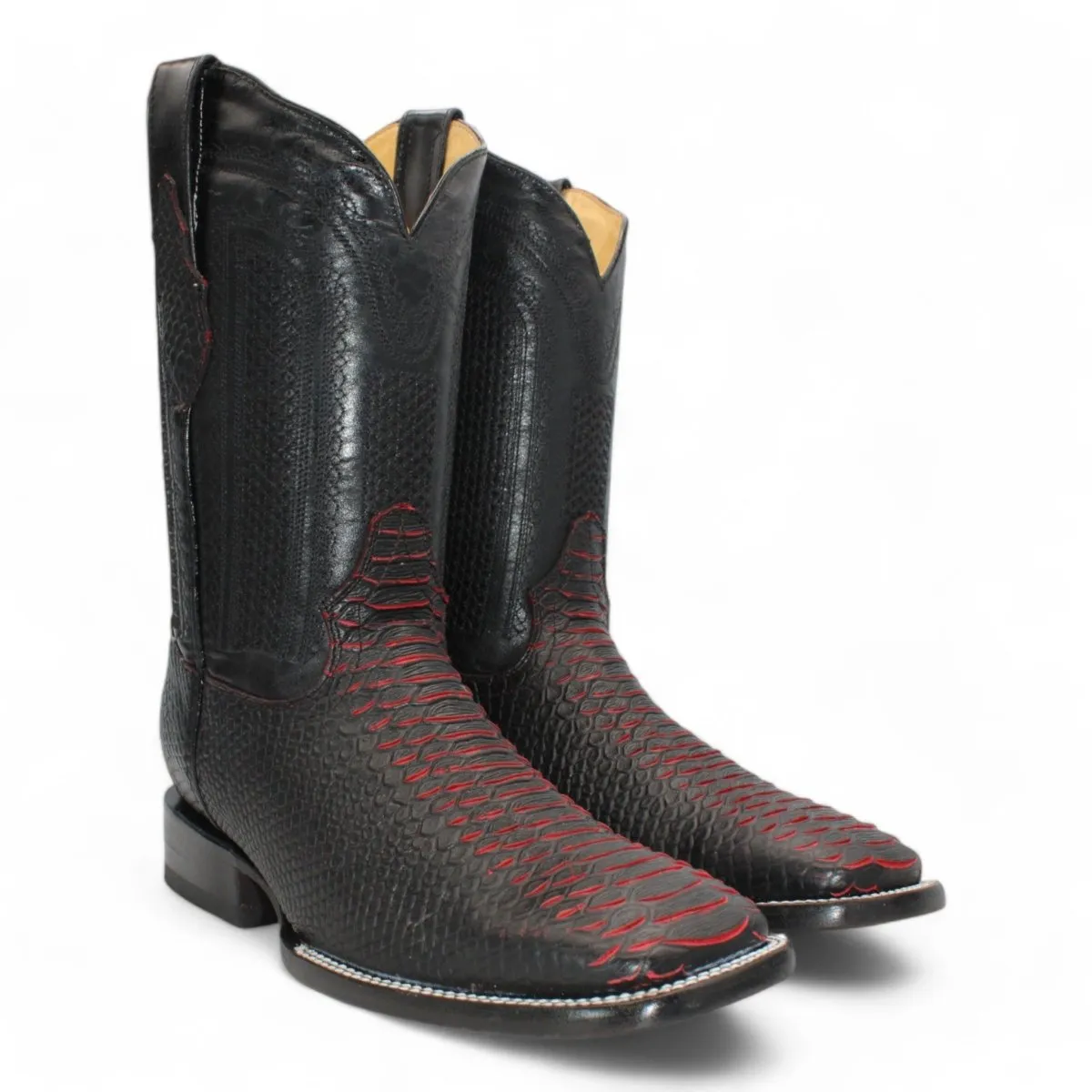 MEN'S PYTHON PRINT SQUARE TOE BOOTS  BLACK CHERRY
