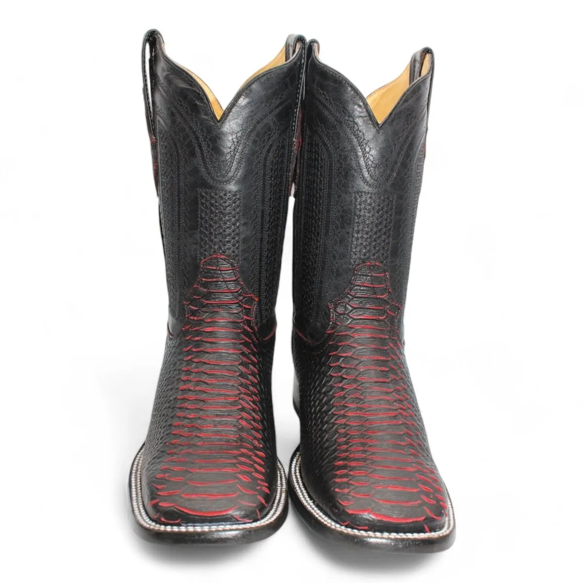 MEN'S PYTHON PRINT SQUARE TOE BOOTS  BLACK CHERRY