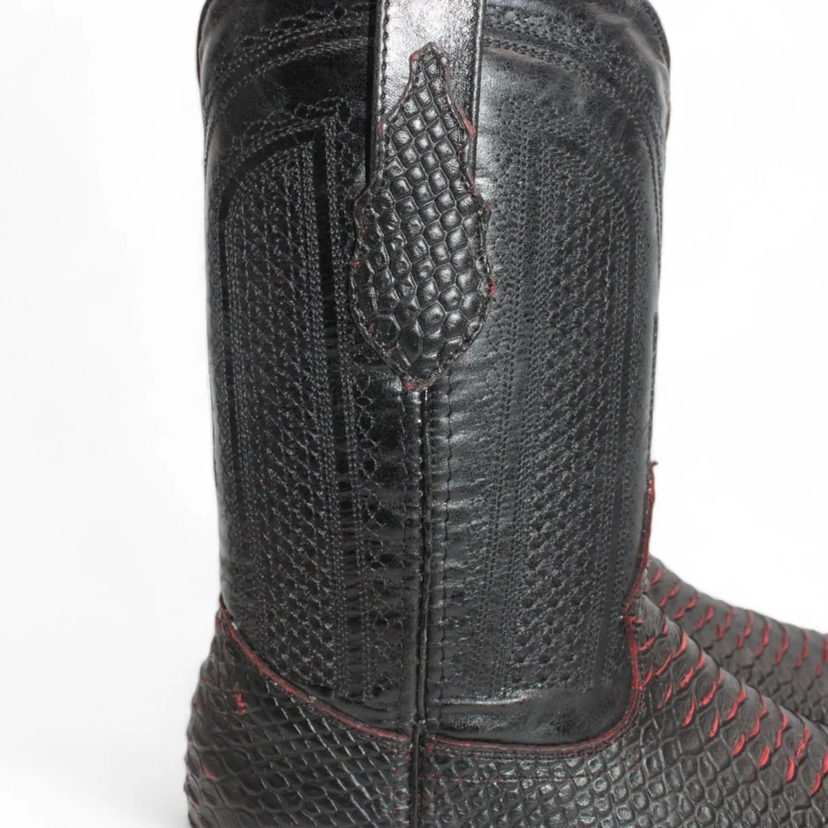 MEN'S PYTHON PRINT SQUARE TOE BOOTS  BLACK CHERRY