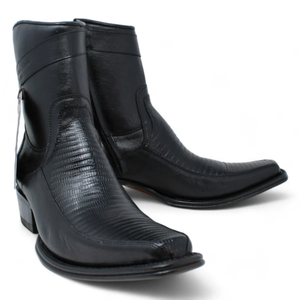 MEN'S WILD WEST GENUINE LIZARD & DEER EUROPEAN SQUARE TOE SHORT BOOTS  BLACK