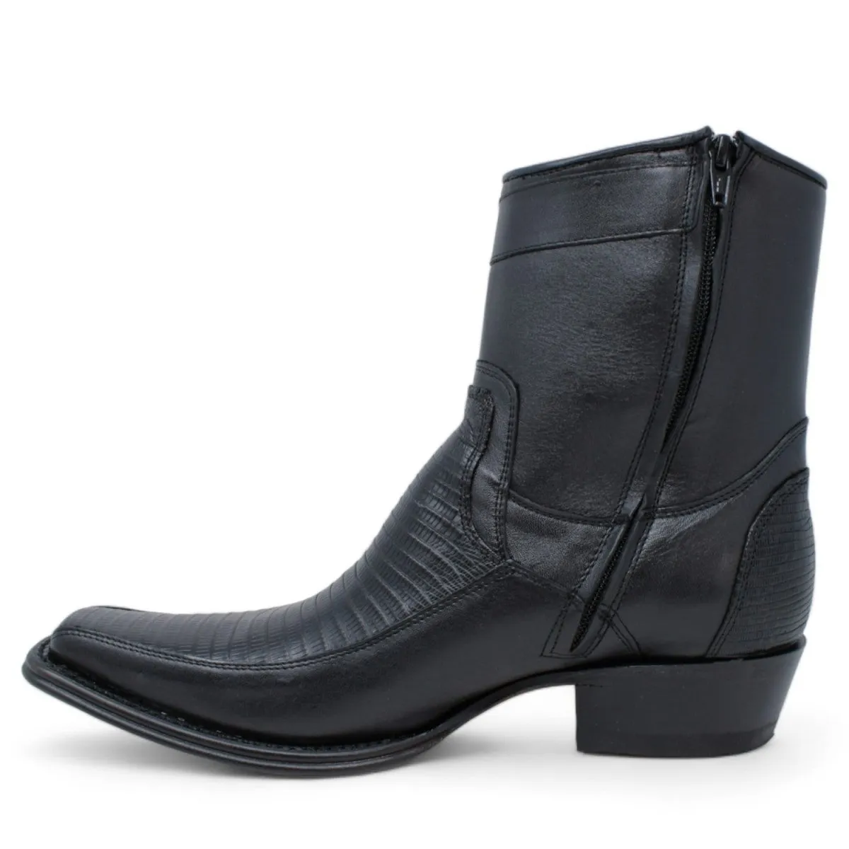 MEN'S WILD WEST GENUINE LIZARD & DEER EUROPEAN SQUARE TOE SHORT BOOTS  BLACK