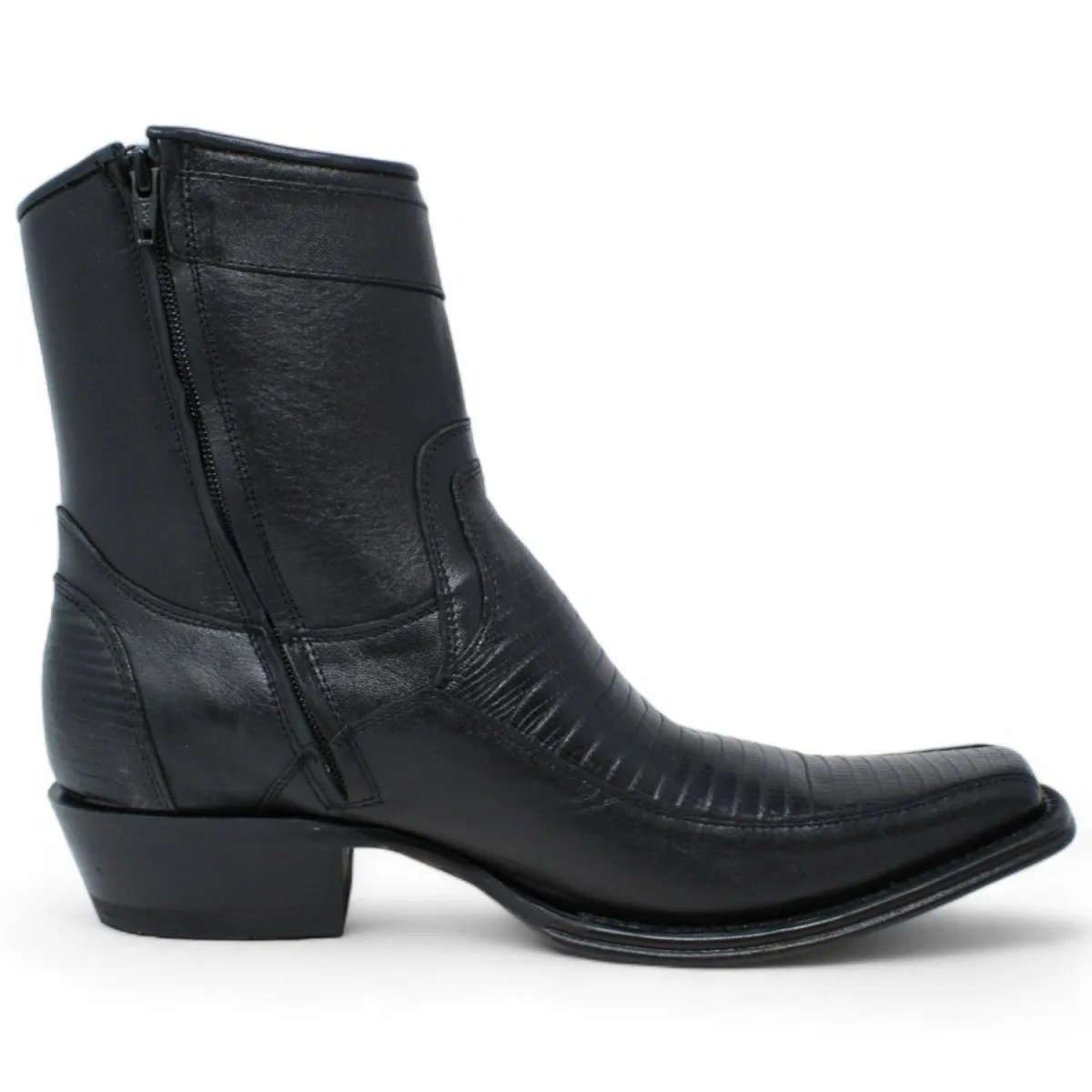 MEN'S WILD WEST GENUINE LIZARD & DEER EUROPEAN SQUARE TOE SHORT BOOTS  BLACK