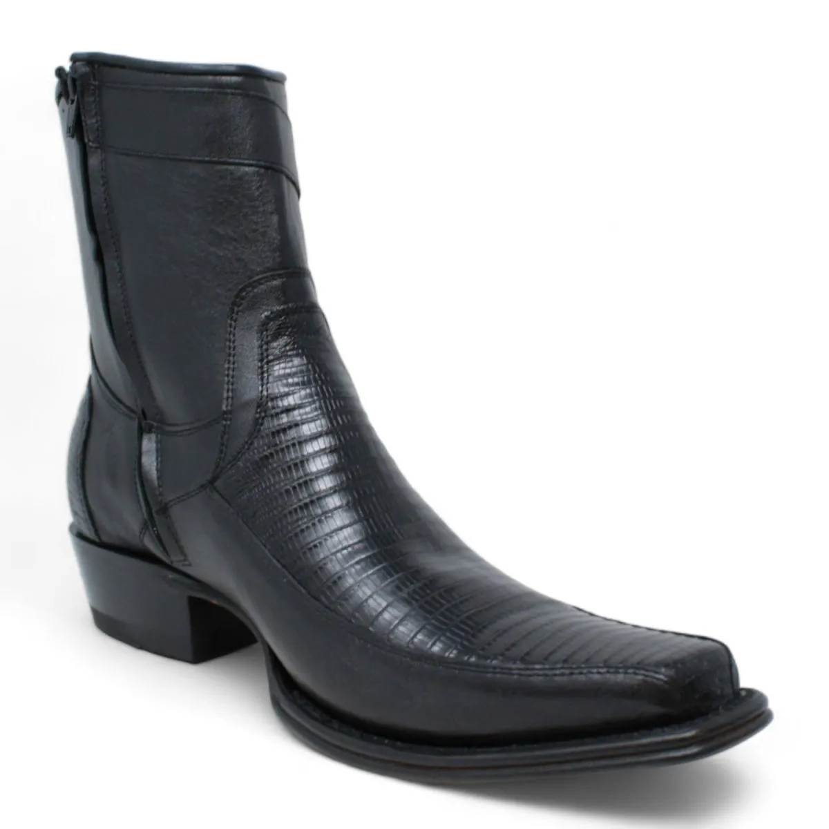 MEN'S WILD WEST GENUINE LIZARD & DEER EUROPEAN SQUARE TOE SHORT BOOTS  BLACK