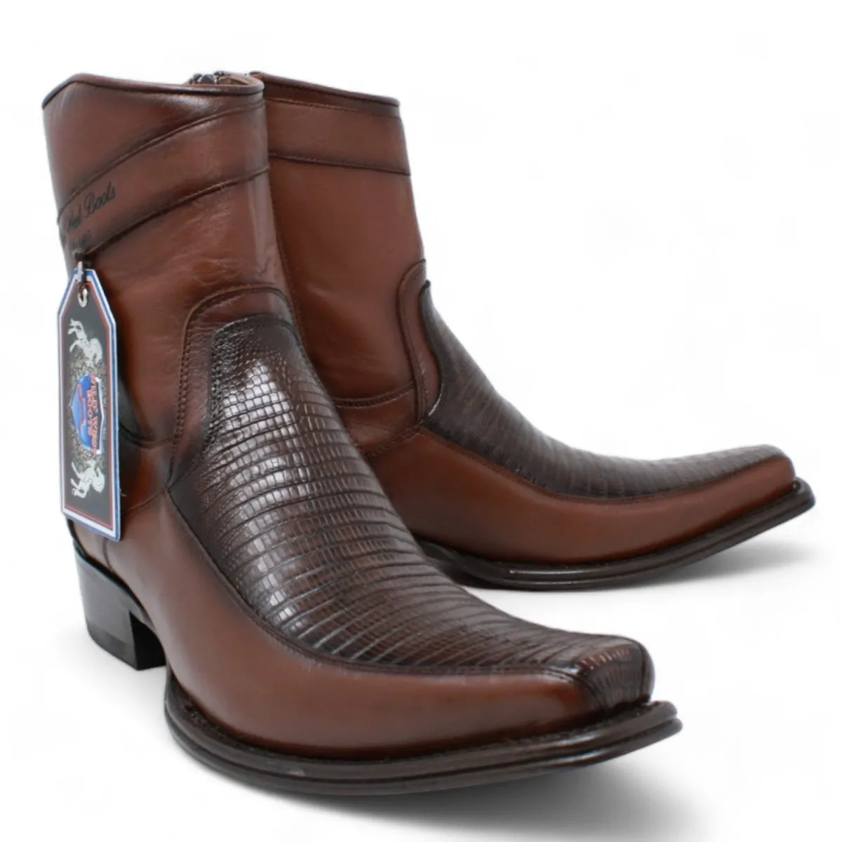 MEN'S WILD WEST GENUINE LIZARD & DEER EUROPEAN SQUARE TOE SHORT BOOTS  BROWN