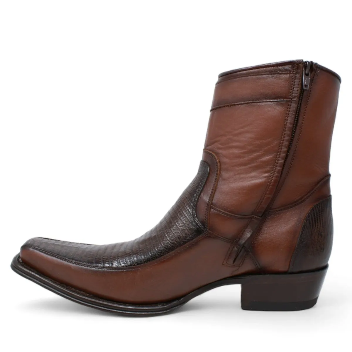 MEN'S WILD WEST GENUINE LIZARD & DEER EUROPEAN SQUARE TOE SHORT BOOTS  BROWN
