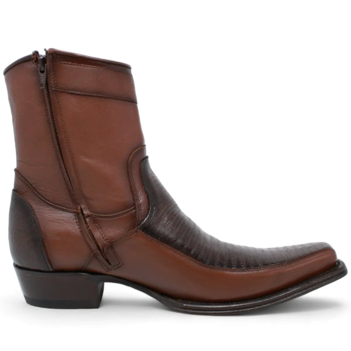 MEN'S WILD WEST GENUINE LIZARD & DEER EUROPEAN SQUARE TOE SHORT BOOTS  BROWN