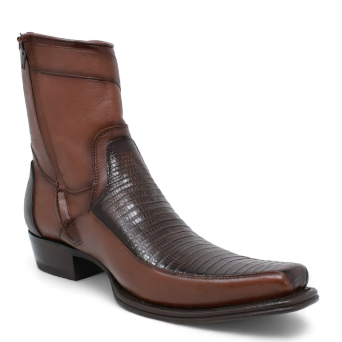 MEN'S WILD WEST GENUINE LIZARD & DEER EUROPEAN SQUARE TOE SHORT BOOTS  BROWN