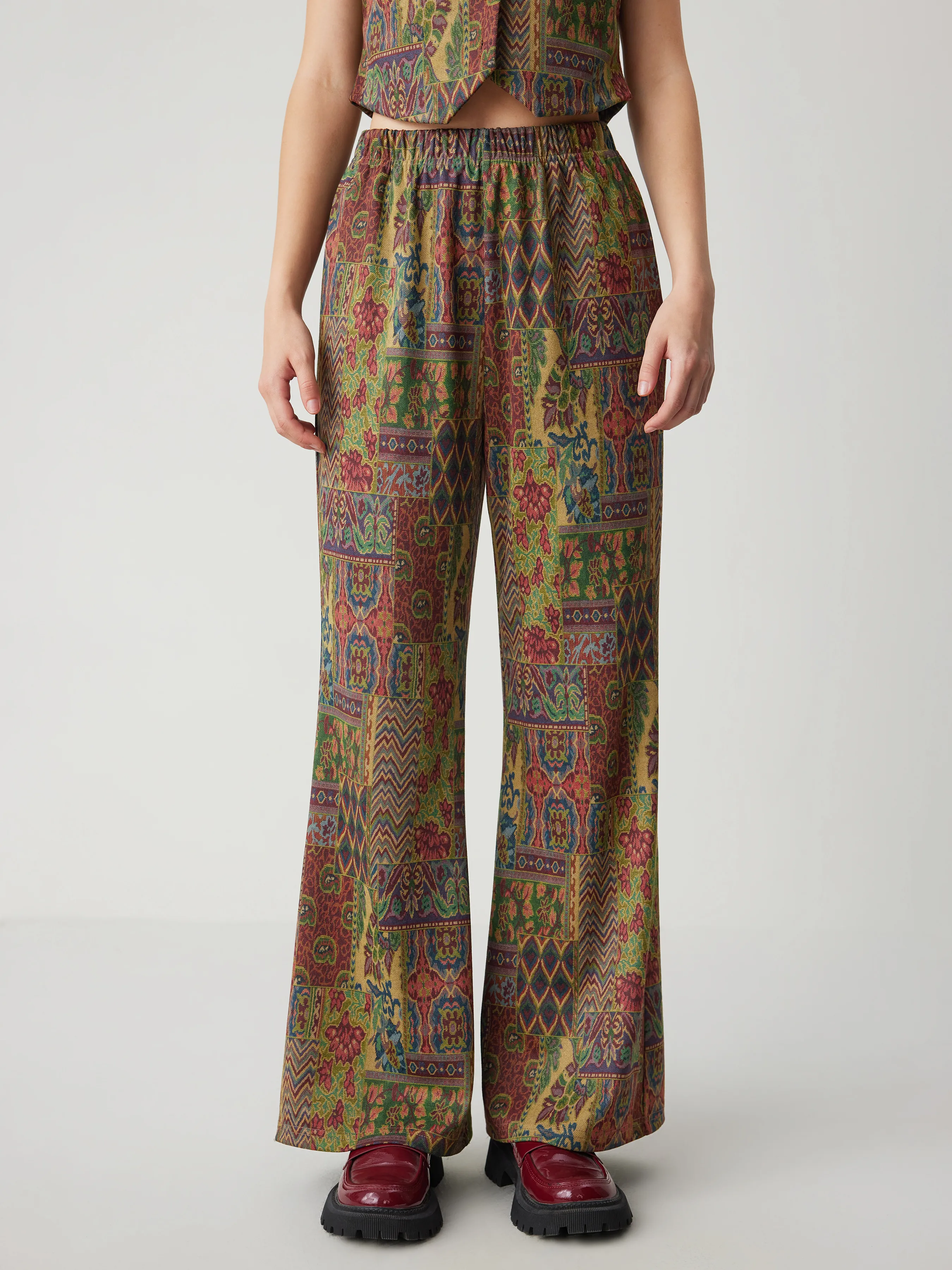  Pantalones Acampanados Retro Azteca con Cintura Elástica