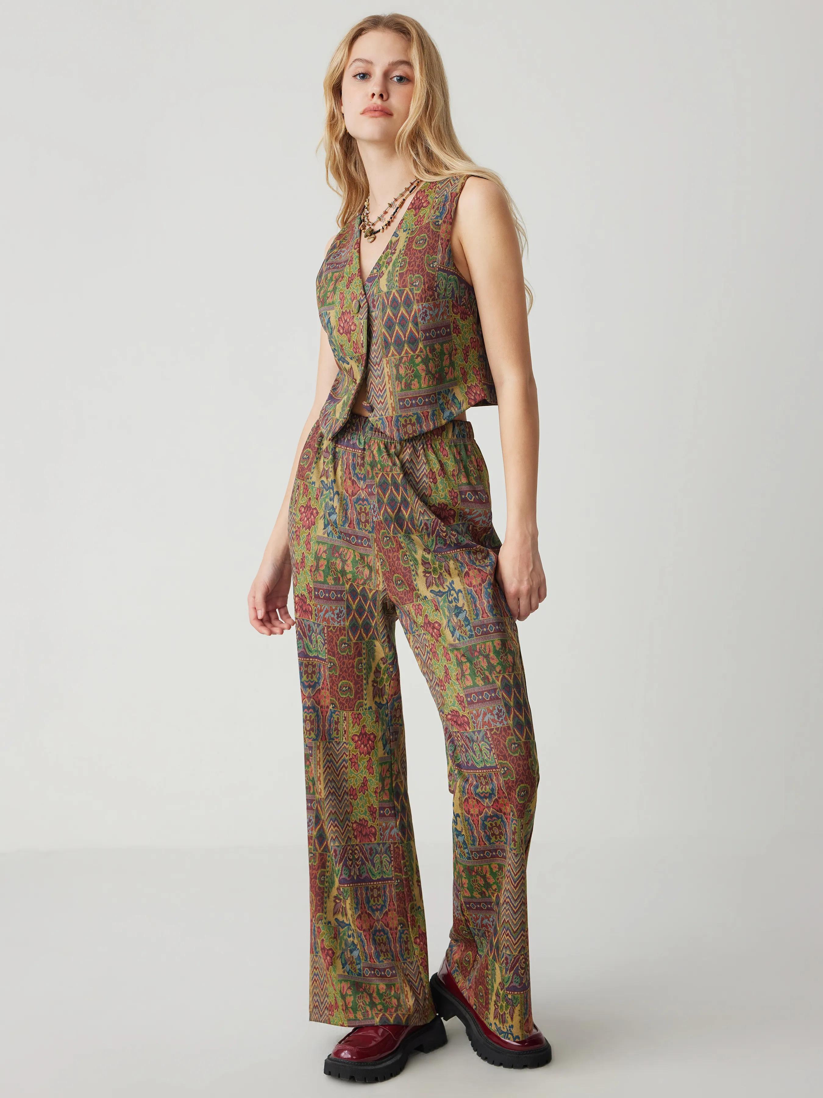  Pantalones Acampanados Retro Azteca con Cintura Elástica