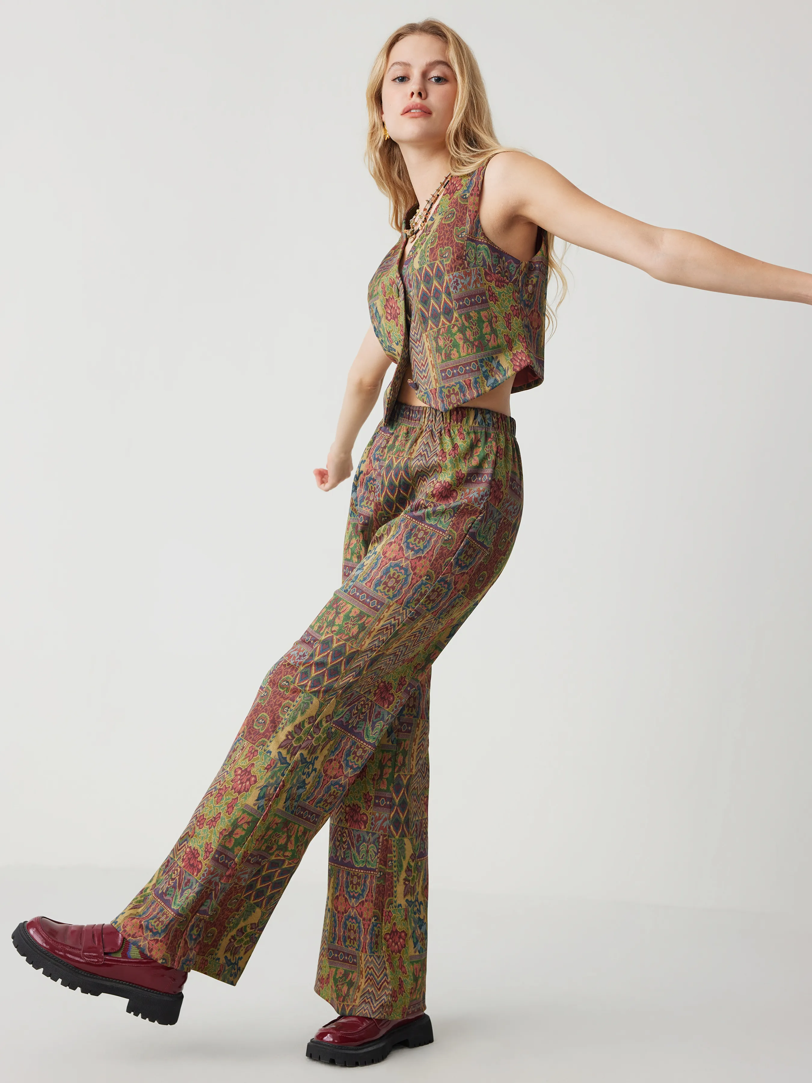  Pantalones Acampanados Retro Azteca con Cintura Elástica