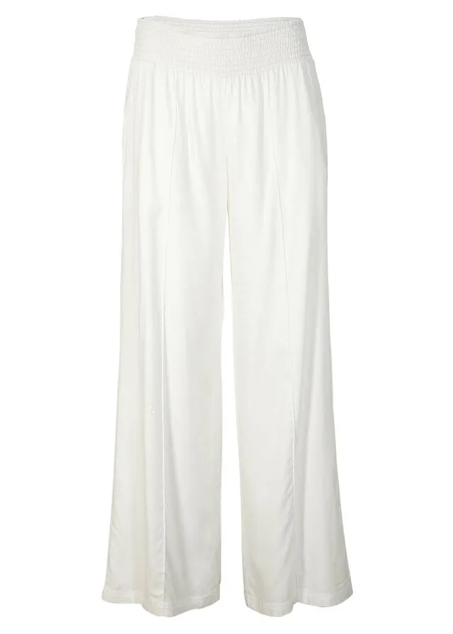 Pantalón ancho de viscosa con cintura alta de nido de abeja y tejido de crepé Blanco lana