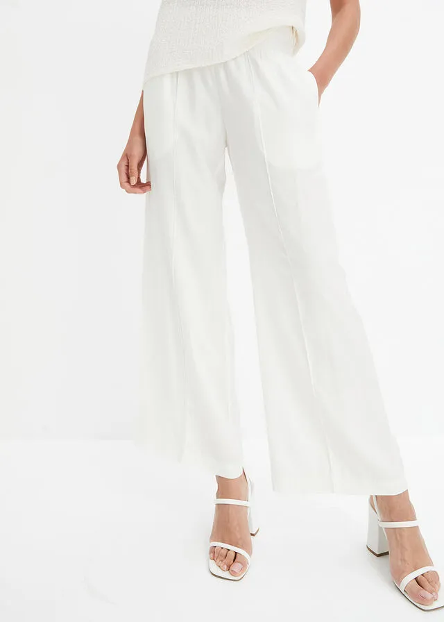 Pantalón ancho de viscosa con cintura alta de nido de abeja y tejido de crepé Blanco lana
