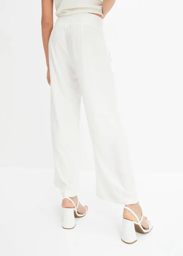 Pantalón ancho de viscosa con cintura alta de nido de abeja y tejido de crepé Blanco lana