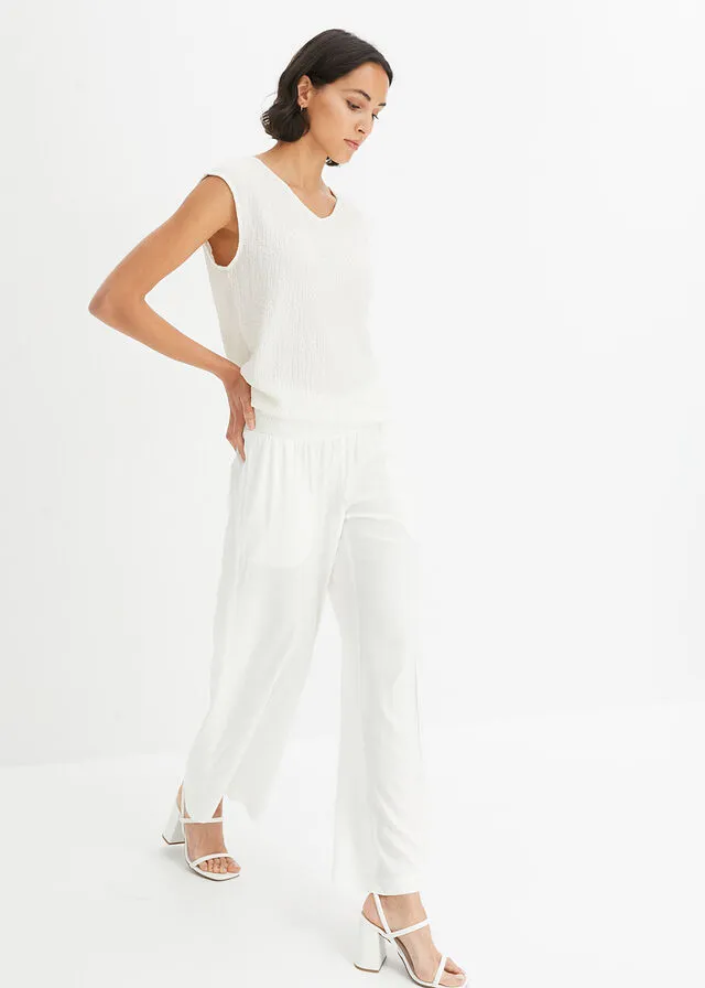 Pantalón ancho de viscosa con cintura alta de nido de abeja y tejido de crepé Blanco lana
