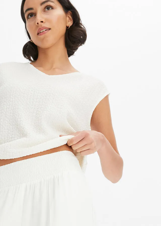 Pantalón ancho de viscosa con cintura alta de nido de abeja y tejido de crepé Blanco lana