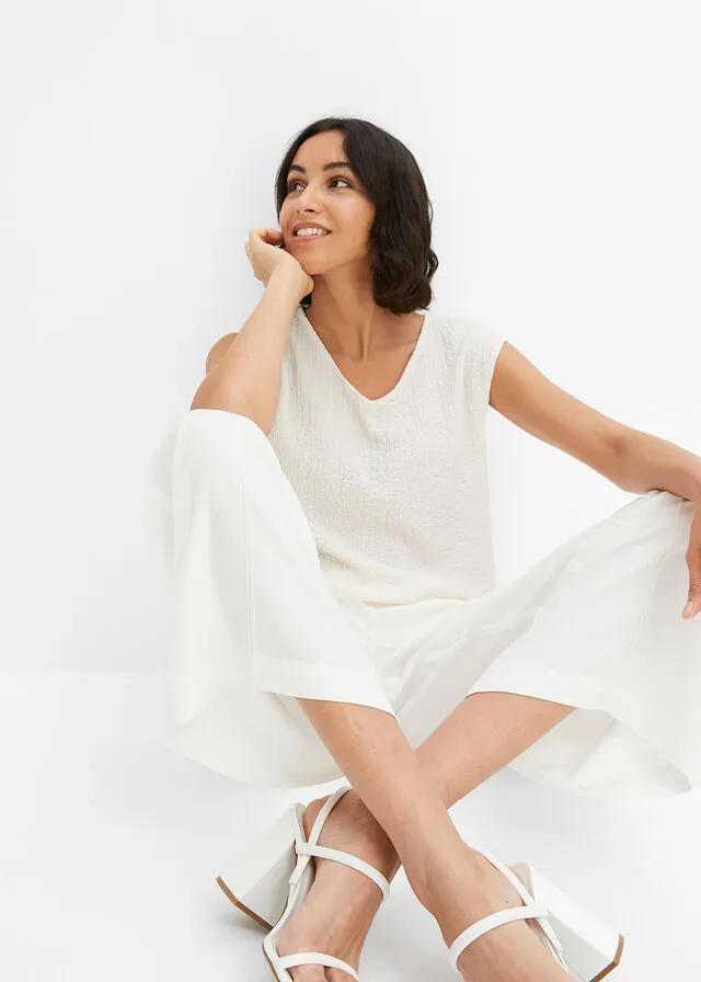 Pantalón ancho de viscosa con cintura alta de nido de abeja y tejido de crepé Blanco lana