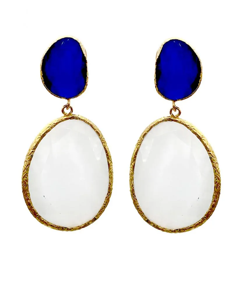 PENDIENTES DE MODA MUJER OVALADOS CON PIEDRA NATURAL AZUL Y BLANCA