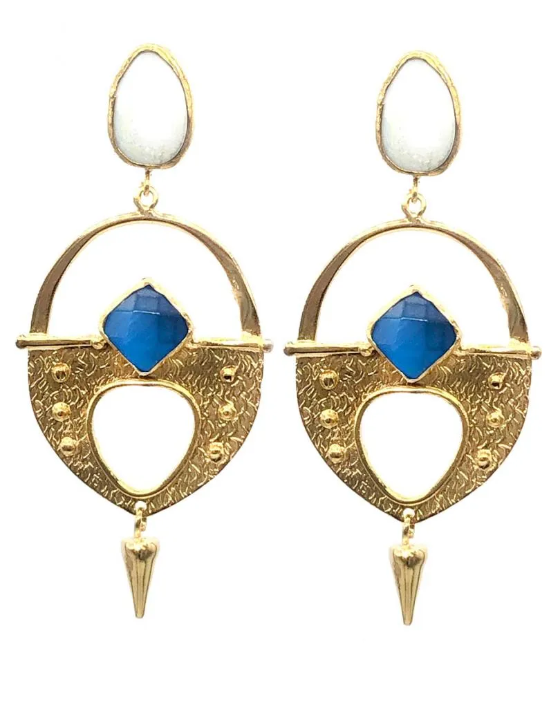 PENDIENTES LARGOS MUJER ORIGINAL DISEÑO OVALADO BICOLOR PIEDRA NATURAL BLANCA Y AZUL