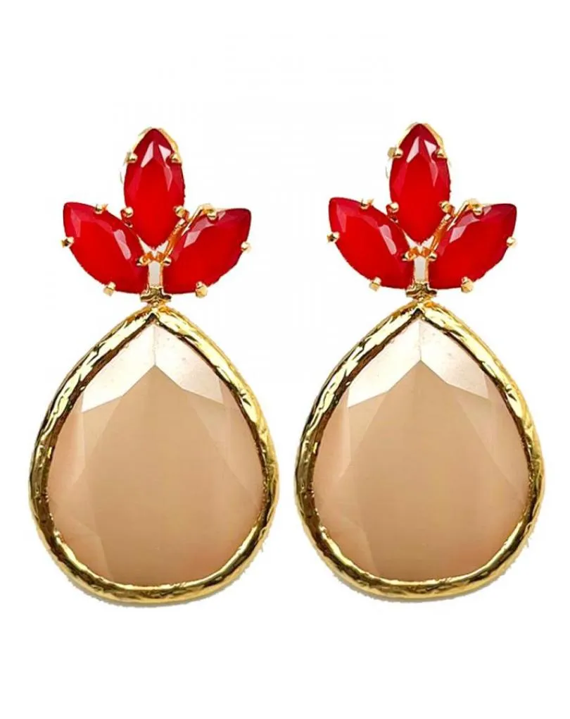 PENDIENTES MUJER  ROJOS Y BLANCOS ACABADOS EN ORO DE ALTA BISUTERÍA DISEÑO ORIGINAL