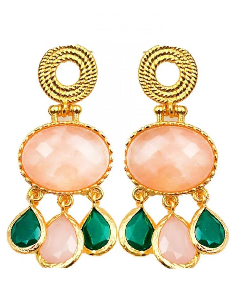 PENDIENTES MUJER ROSAS Y VERDES BAÑADOS EN ORO DE ALTA BISUTERÍA DISEÑO VINTAGE