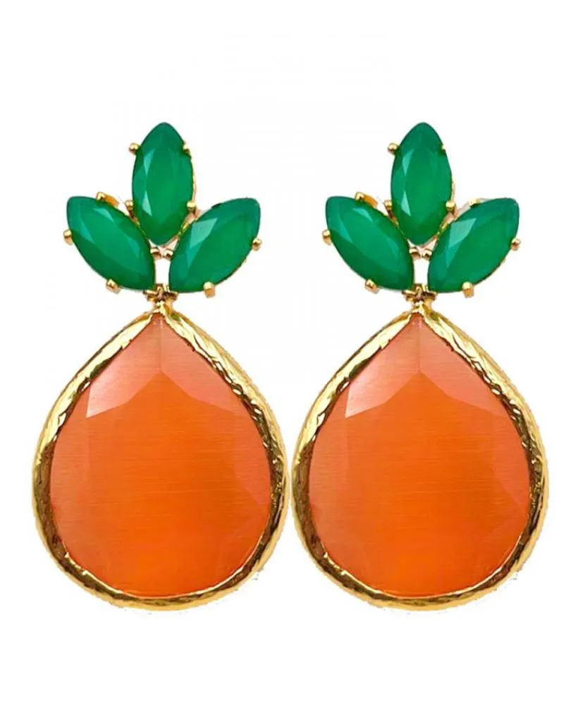 PENDIENTES NARANJA  MUJER CON HOJITAS DE CRISTAL FACETADO VERDE ACABADOS EN ORO