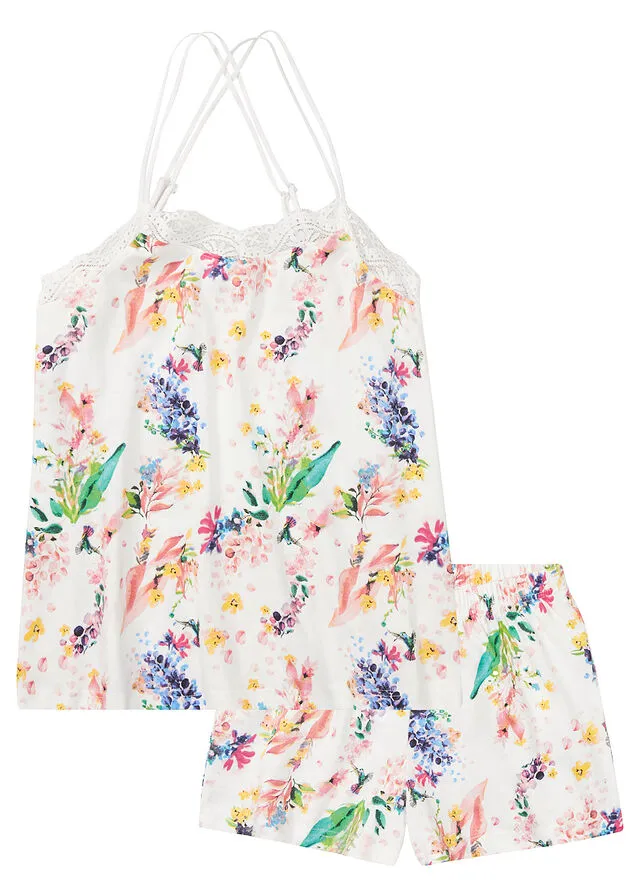 Pijama corto con tirantes finos Blanco lana de flores