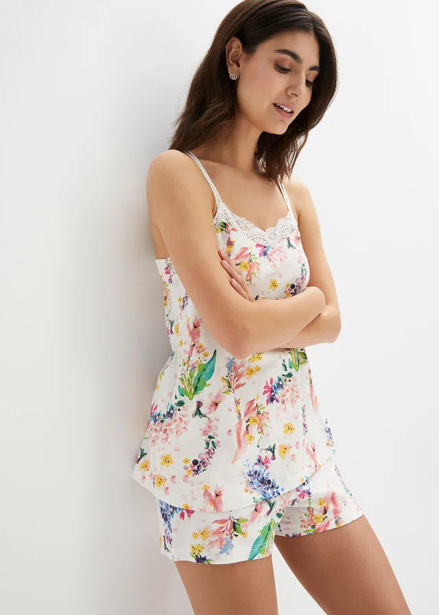 Pijama corto con tirantes finos Blanco lana de flores