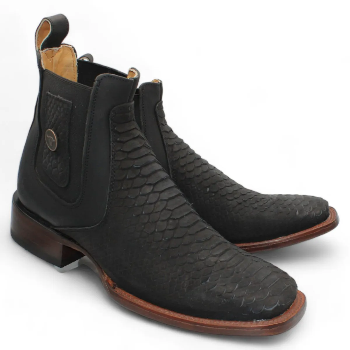 PYTHON PRINT LEATHER SQUARE TOE ANKLE BOOTS  BLACK