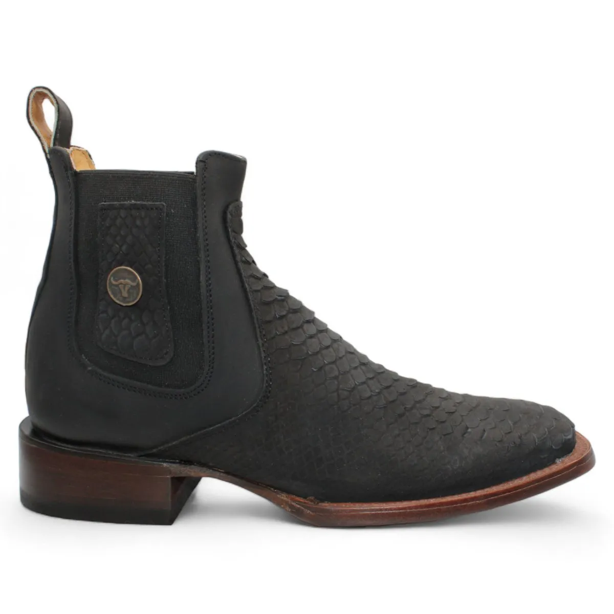 PYTHON PRINT LEATHER SQUARE TOE ANKLE BOOTS  BLACK