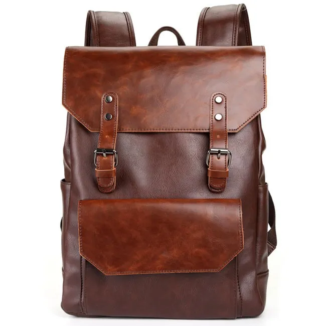 Retro Large Flap Metal Lock Belt Square Men's Brown Strap School Backpack