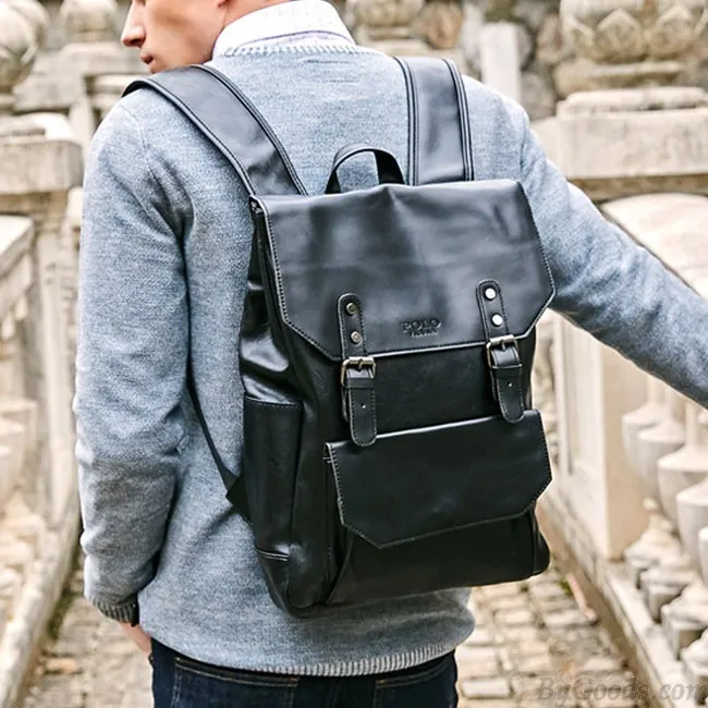 Retro Large Flap Metal Lock Belt Square Men's Brown Strap School Backpack