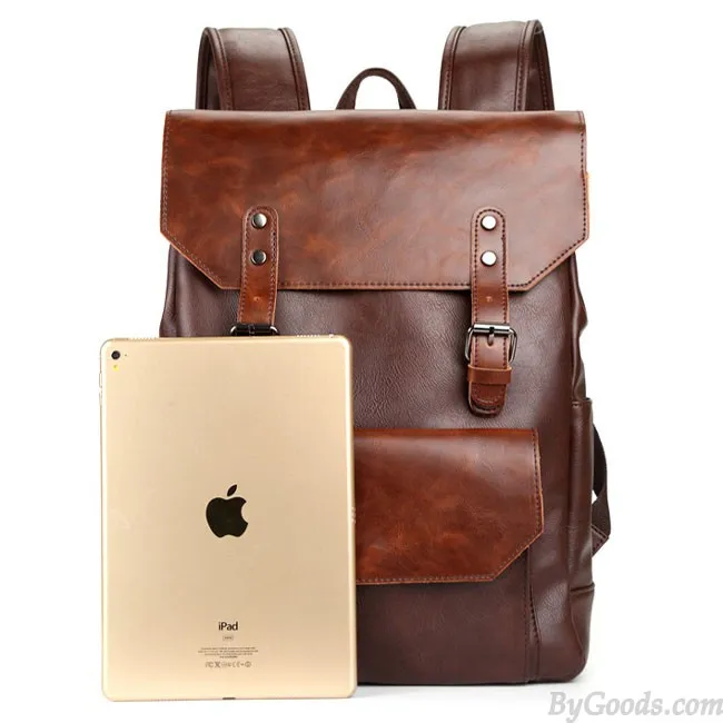Retro Large Flap Metal Lock Belt Square Men's Brown Strap School Backpack